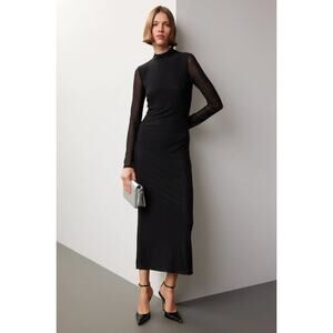 Saunders Mesh Midi Dress Ditzy Floral Red Ruched Sheath Slit Size 10